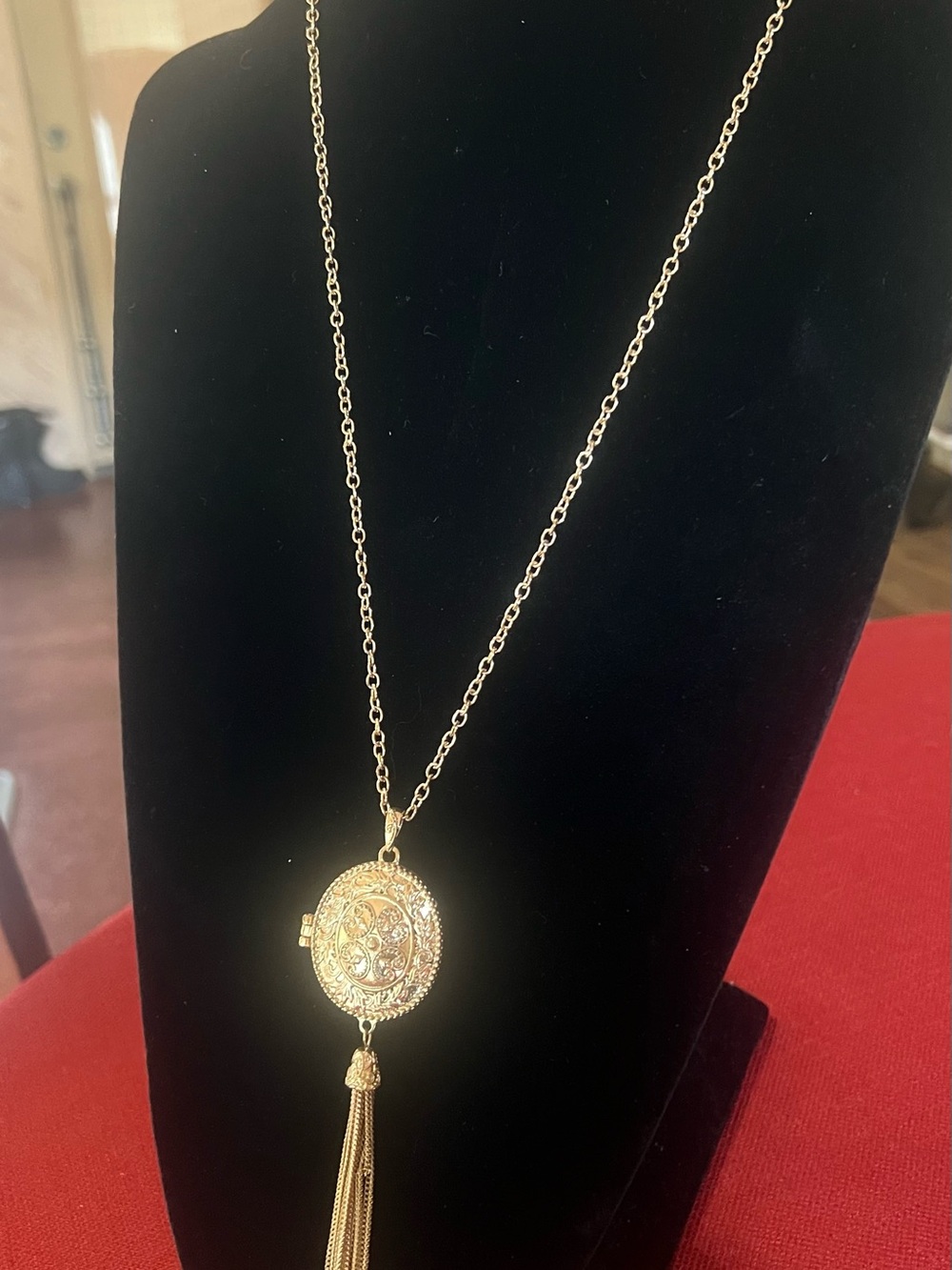 Gold Floral Locket Necklace with Tassel Pendant